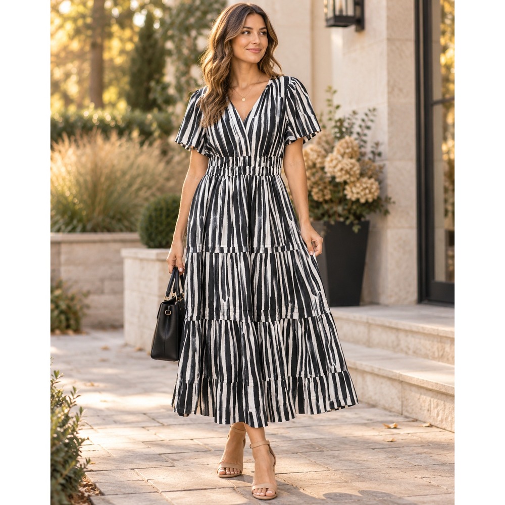 Anthropologie The Somerset Maxi Dress XL Carbon Black White Stripe Boho Resort